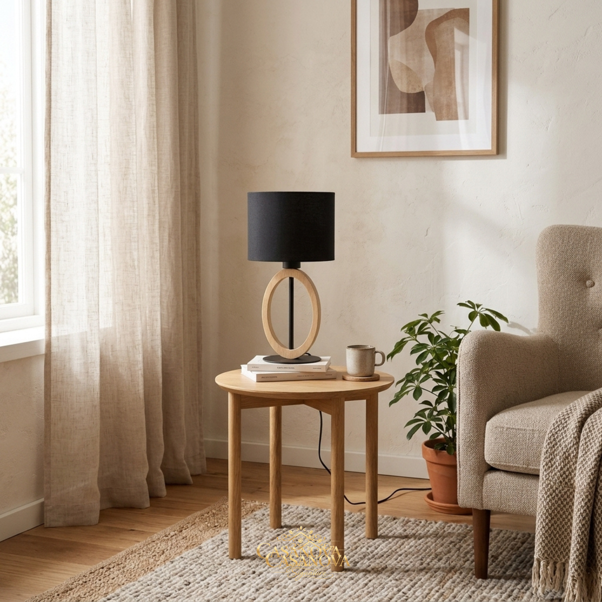 lampe-a-poser-anneau-bois-naturel-abat-jour-tissu-noir-eglo-basildon-prix-outlet