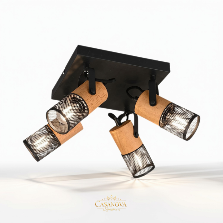 Plafonnier Carré 4 Lumières Chêne & Résille Noire – Trio Tosh